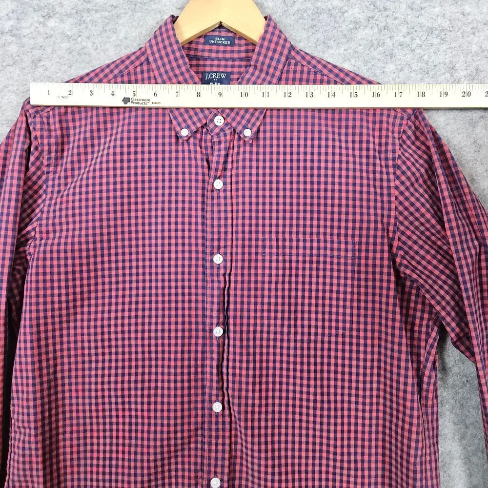 J Crew Re-Imagined Slim Untucked Flex Washed Size L Shirt Blue Red Checks Preppy